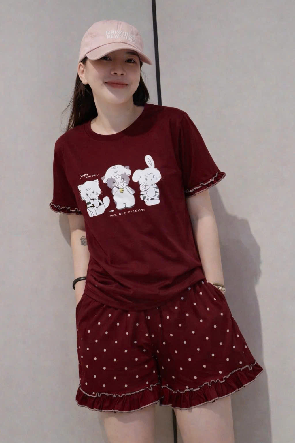 XẢ B378 - SET BỘ ĐỎ CỌC MÈO THỎ BÒ QUẦN CHẤM BI MẸ CON