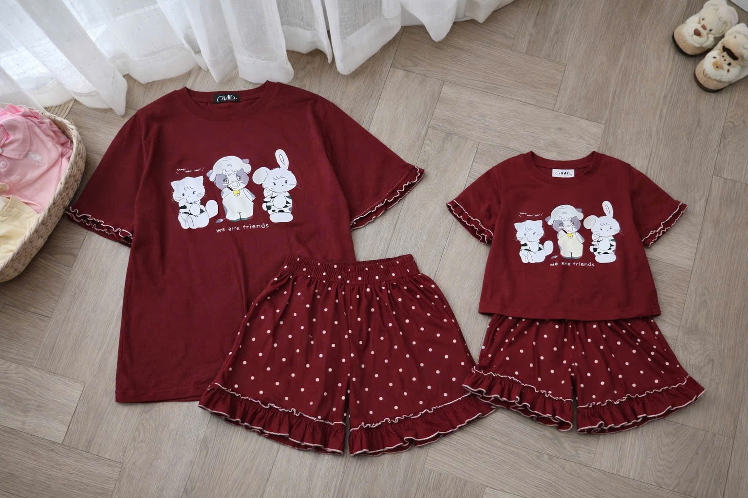 XẢ B378 - SET BỘ ĐỎ CỌC MÈO THỎ BÒ QUẦN CHẤM BI MẸ CON