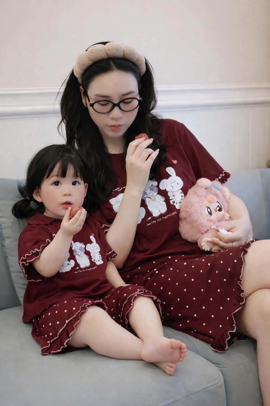 XẢ B378 - SET BỘ ĐỎ CỌC MÈO THỎ BÒ QUẦN CHẤM BI MẸ CON