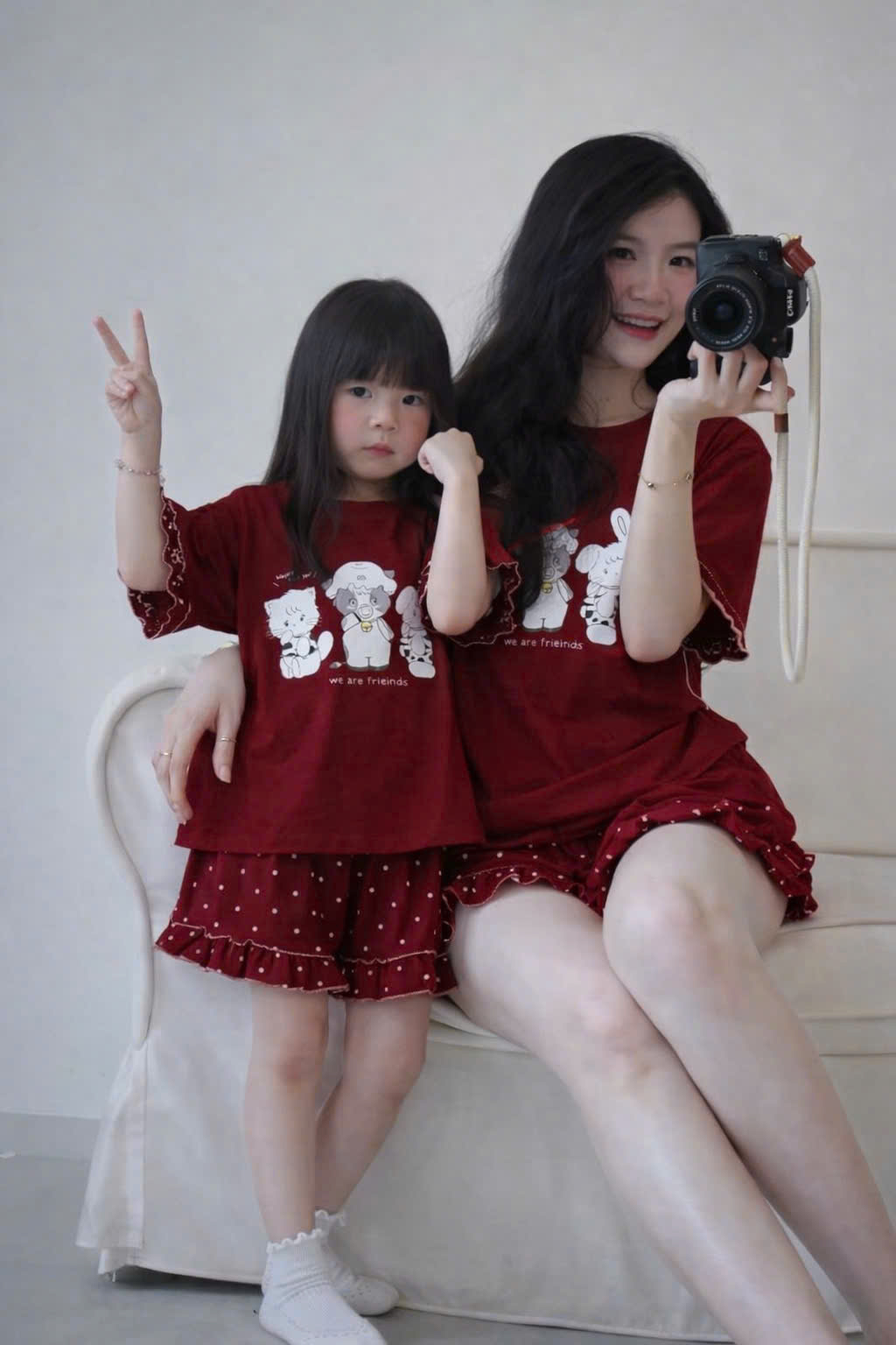 XẢ B378 - SET BỘ ĐỎ CỌC MÈO THỎ BÒ QUẦN CHẤM BI MẸ CON