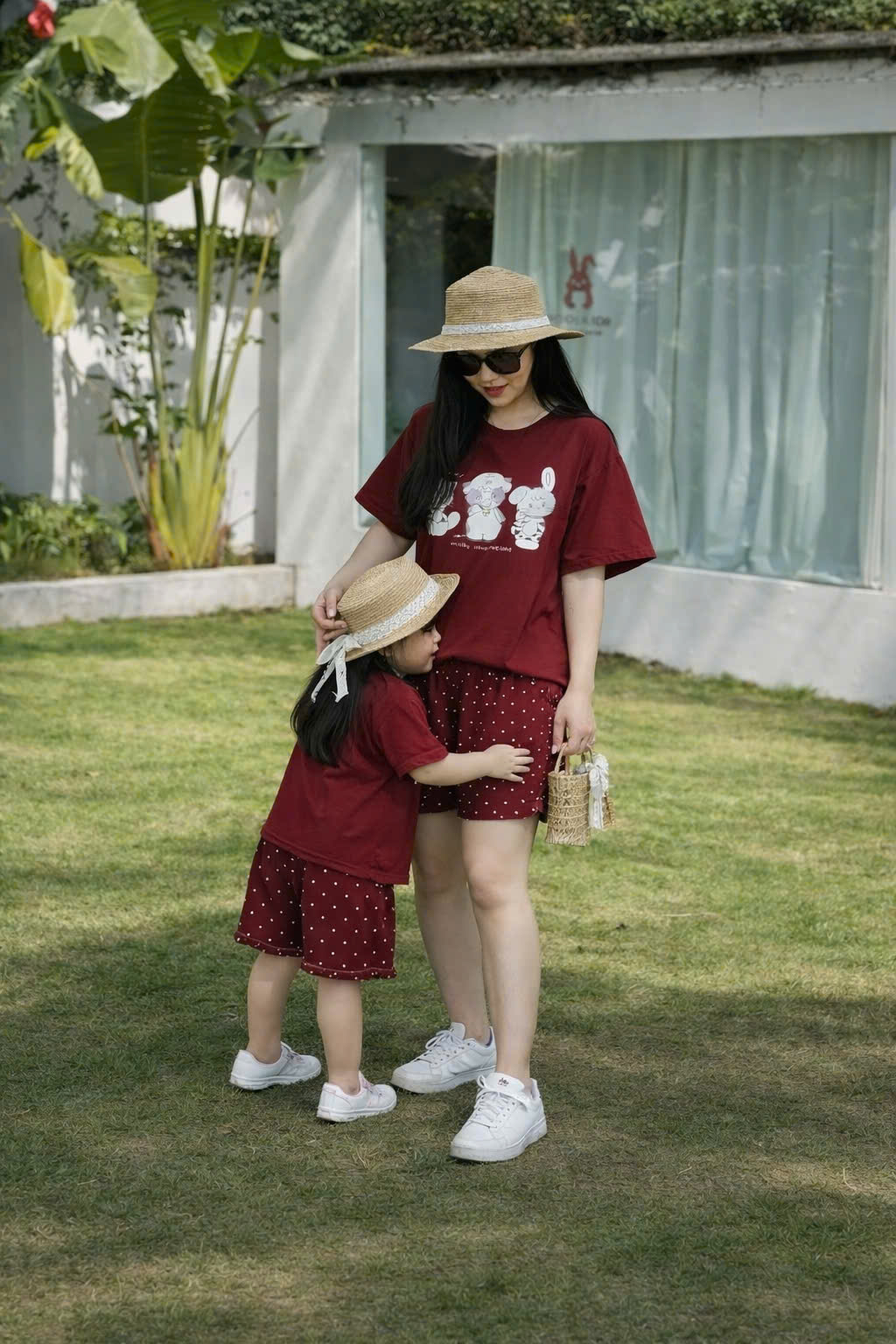 XẢ B378 - SET BỘ ĐỎ CỌC MÈO THỎ BÒ QUẦN CHẤM BI MẸ CON
