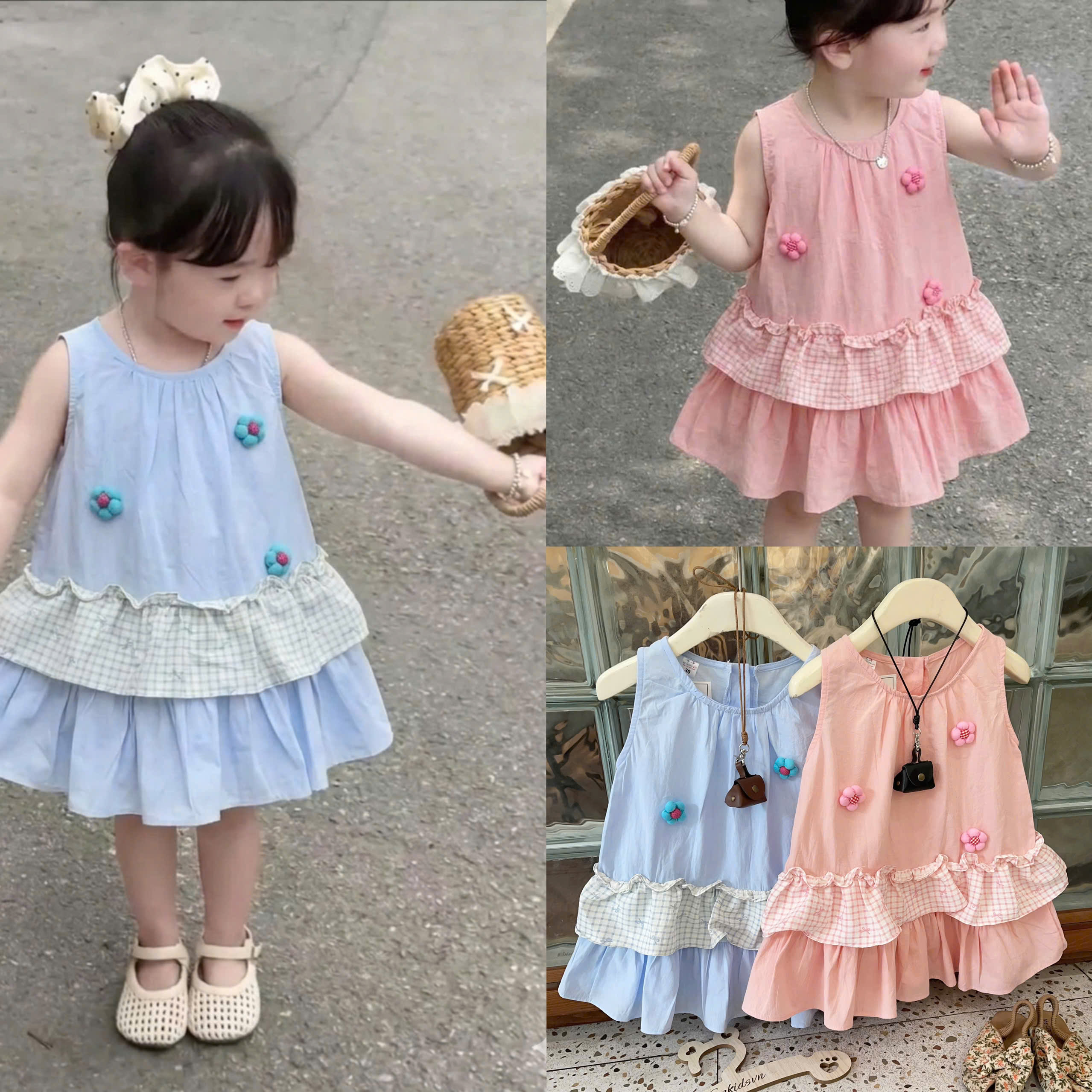 XẢ B390 - VÁY THÔ ĐÍNH HOA NỔI TẦNG CARO XANH HÔNG