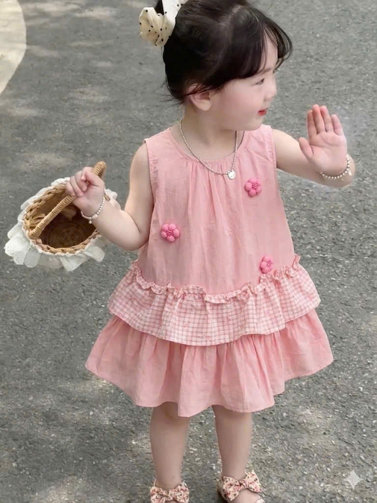 XẢ B390 - VÁY THÔ ĐÍNH HOA NỔI TẦNG CARO XANH HÔNG