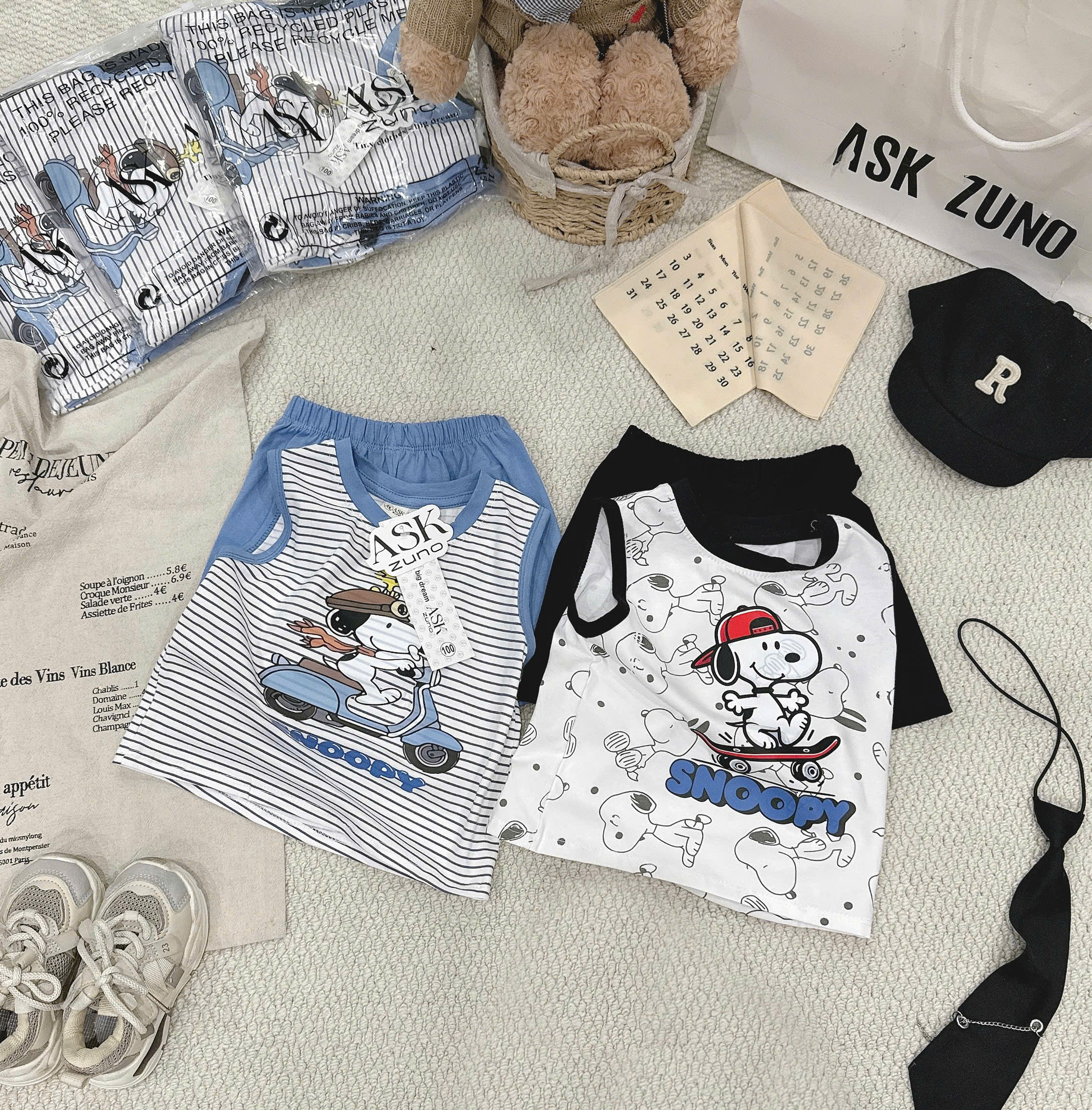 XẢ B391 - SET 2 BỘ SNOOPY ĐEN TRẮNG KẺ XANH