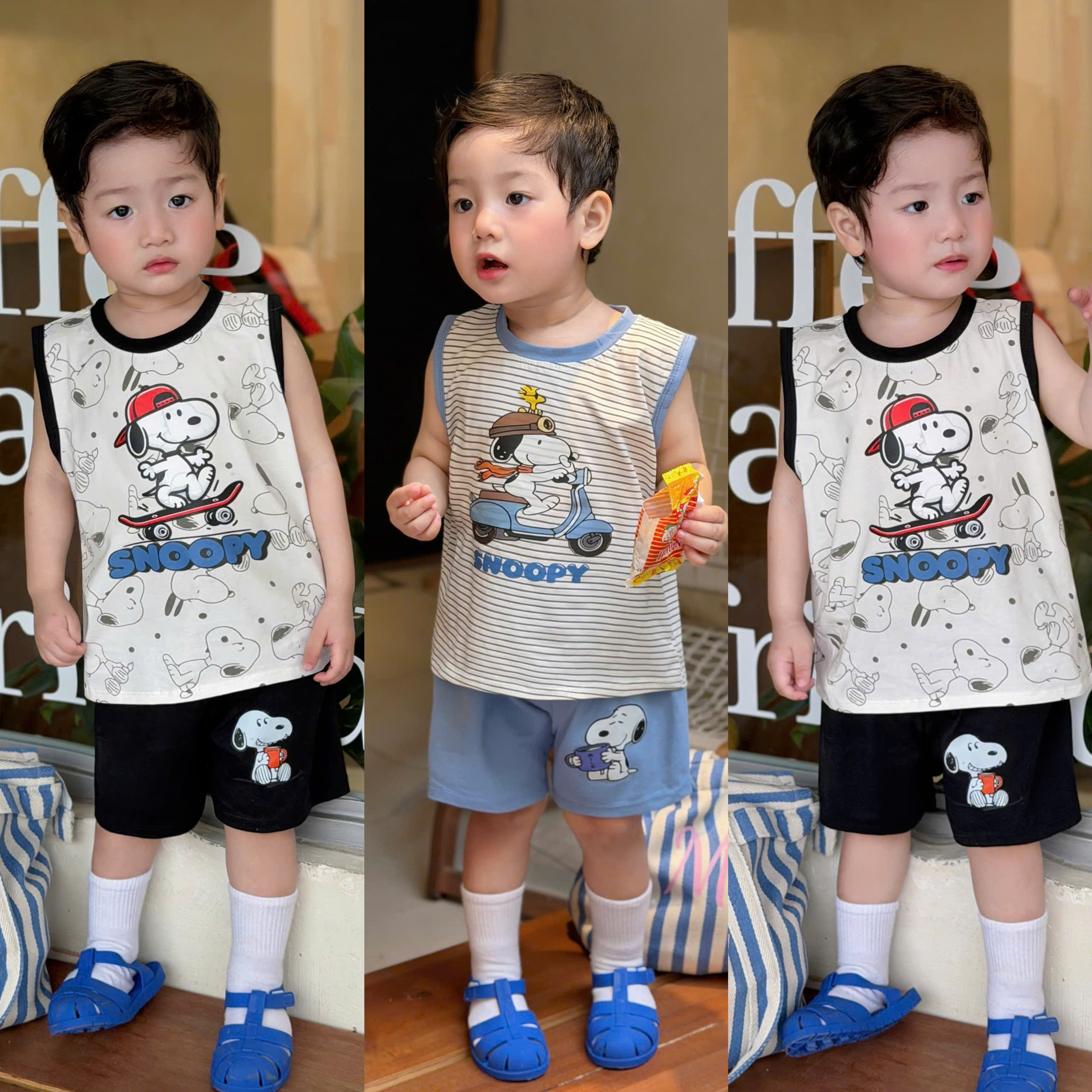 XẢ B391 - SET 2 BỘ SNOOPY ĐEN TRẮNG KẺ XANH
