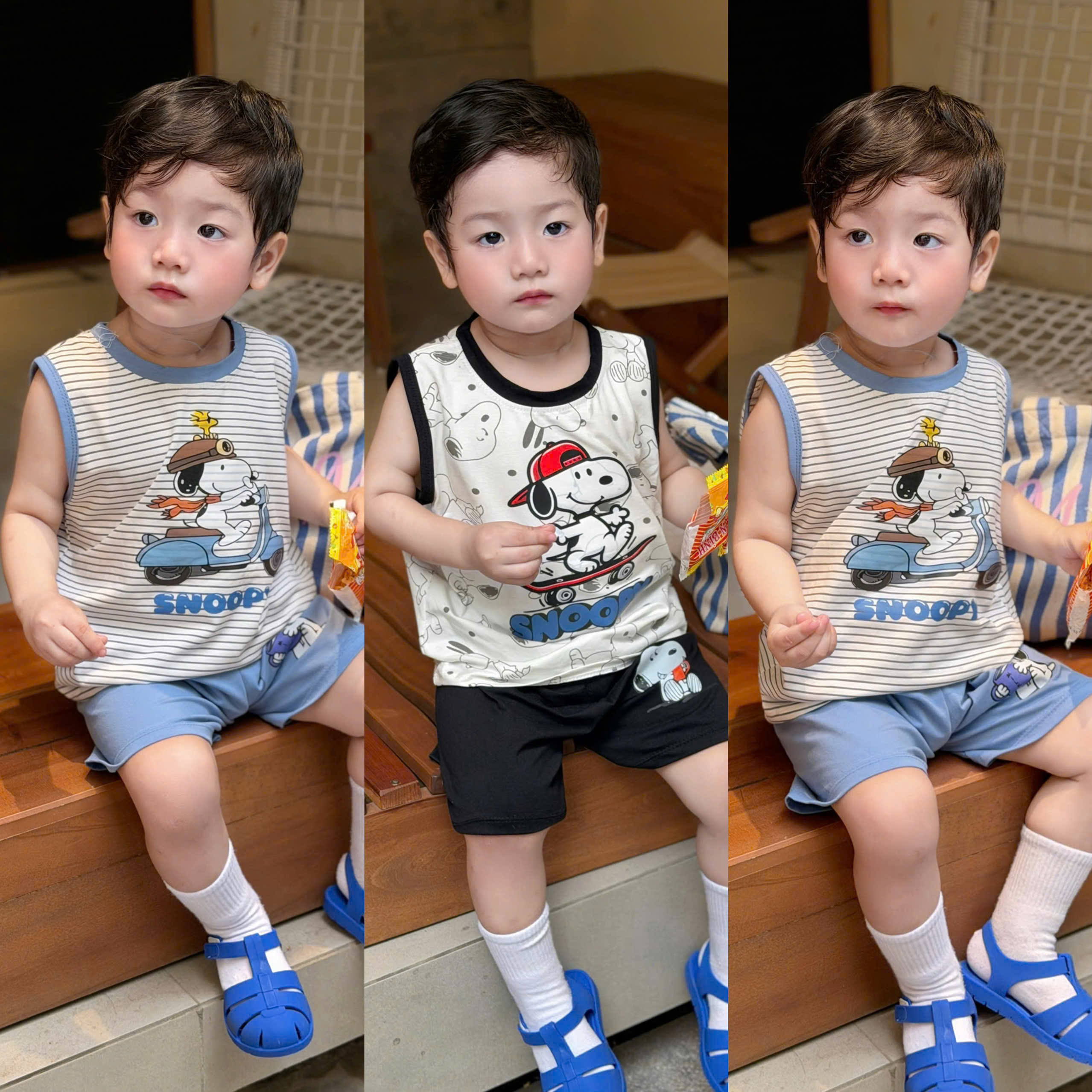 XẢ B391 - SET 2 BỘ SNOOPY ĐEN TRẮNG KẺ XANH