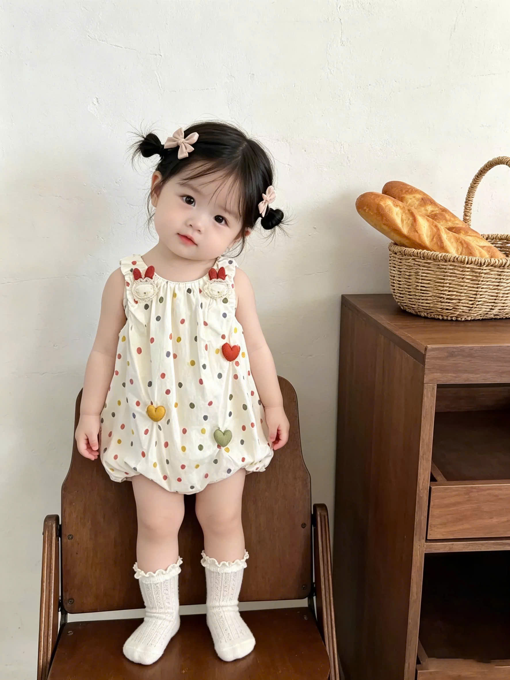 XẢ B450 - VÁY BÍ CHẤM BI CẦU VỒNG ĐÍNH TIM THỎ
