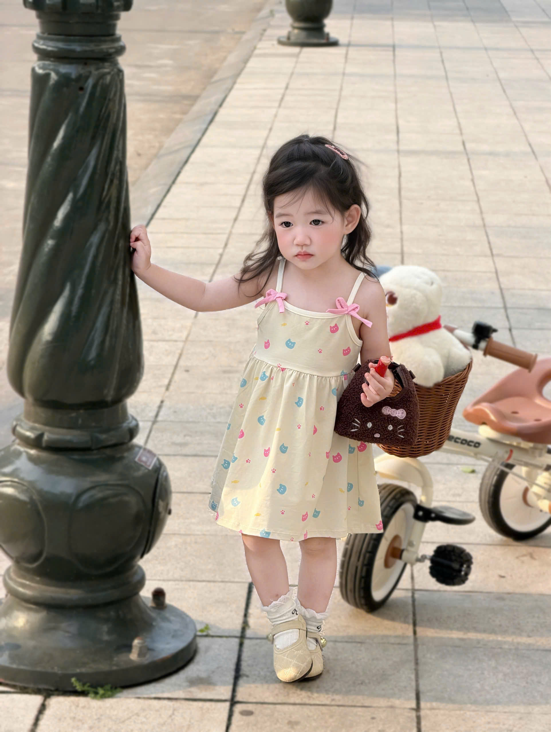 XẢ B457 - SET 2 VÁY 2 DÂY MÈO HỒNG KEM