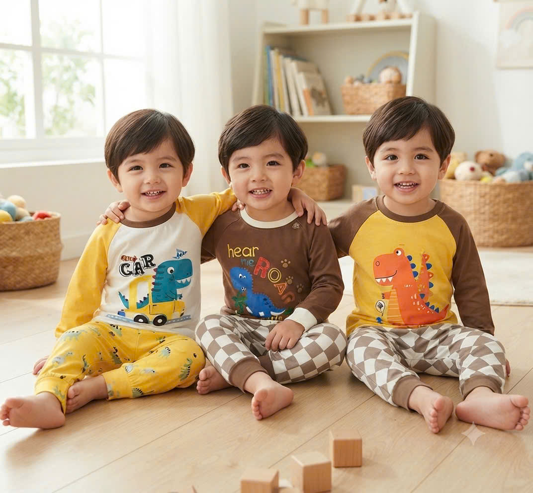 B512 - SET 3 BỘ KHỦNG LONG TONE VÀNG NÂU DÀI TAY