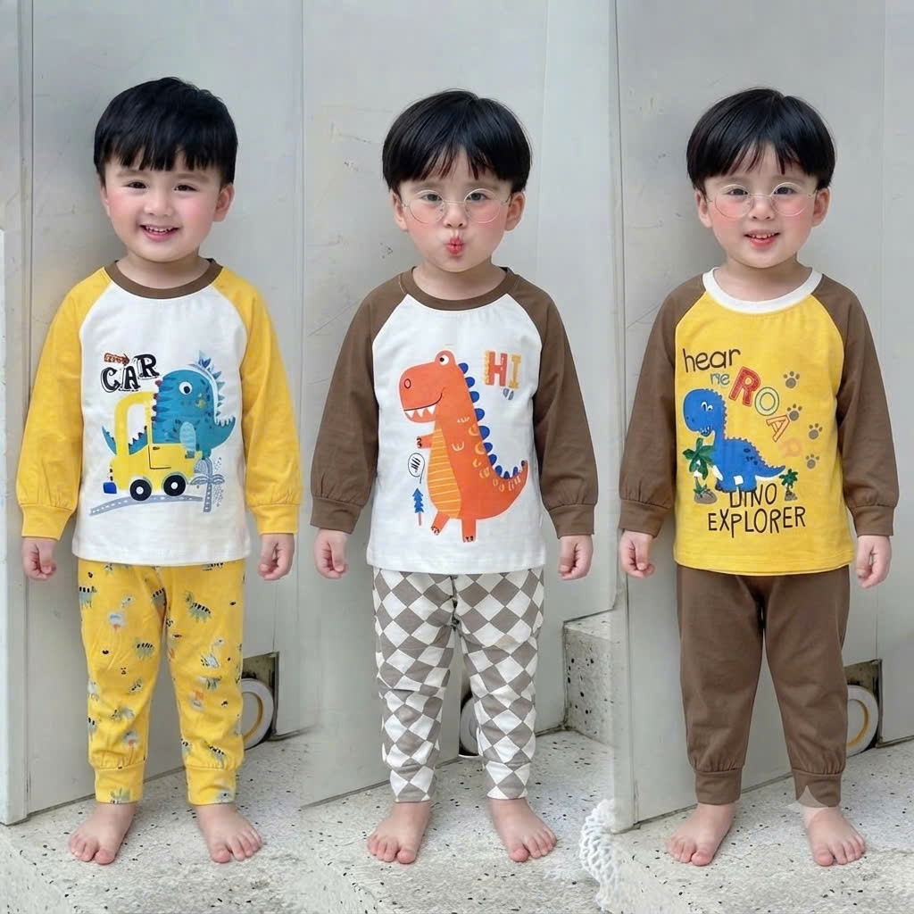 B512 - SET 3 BỘ KHỦNG LONG TONE VÀNG NÂU DÀI TAY