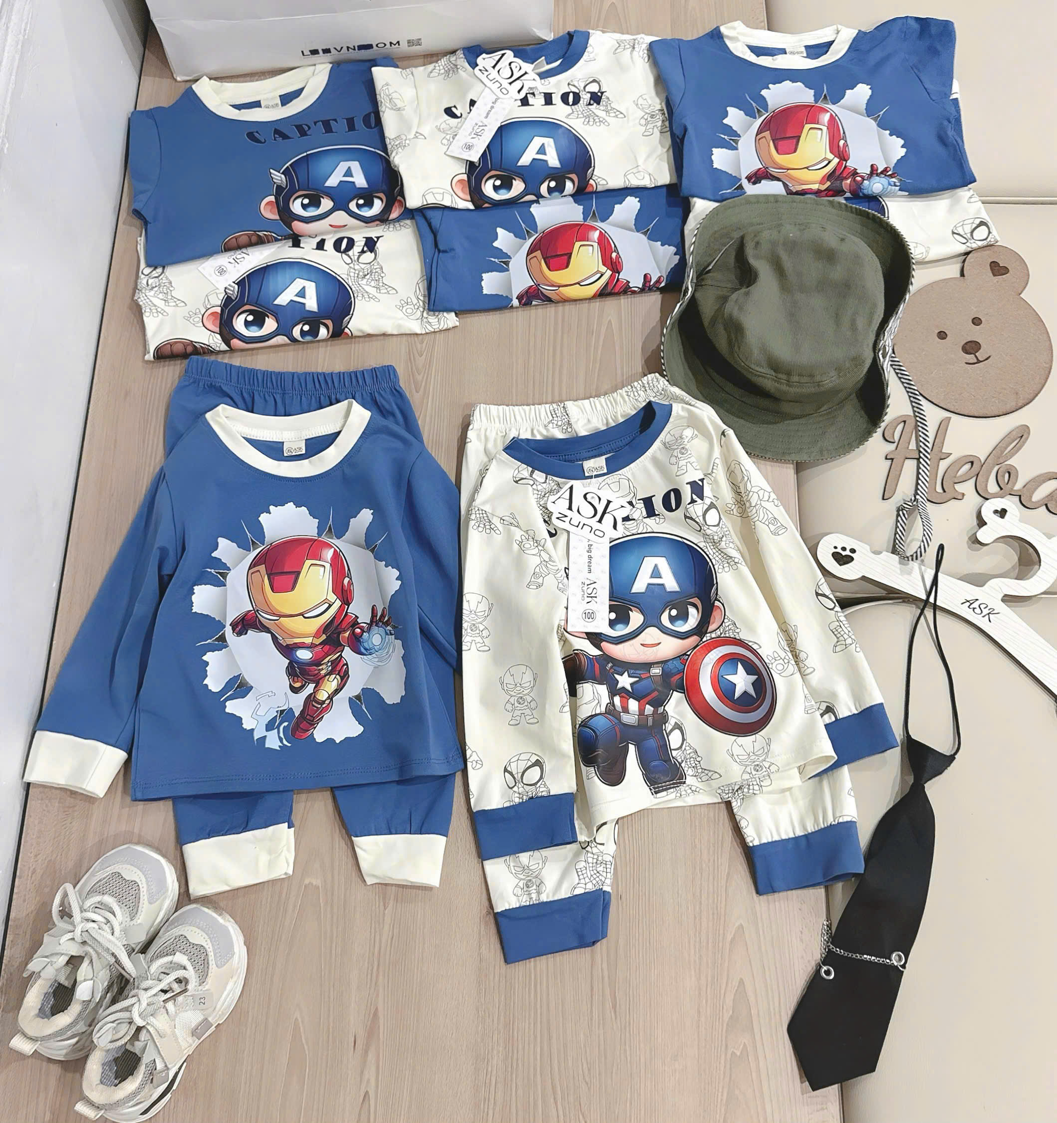 B541 - SET 2 BỘ IRONMAN CAPTION XANH KEM DÀI TAY