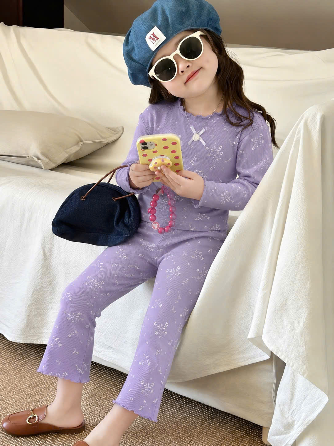 B571 - SET 3 BỘ TĂM HOA NHÍ TÍM VÀNG KEM
