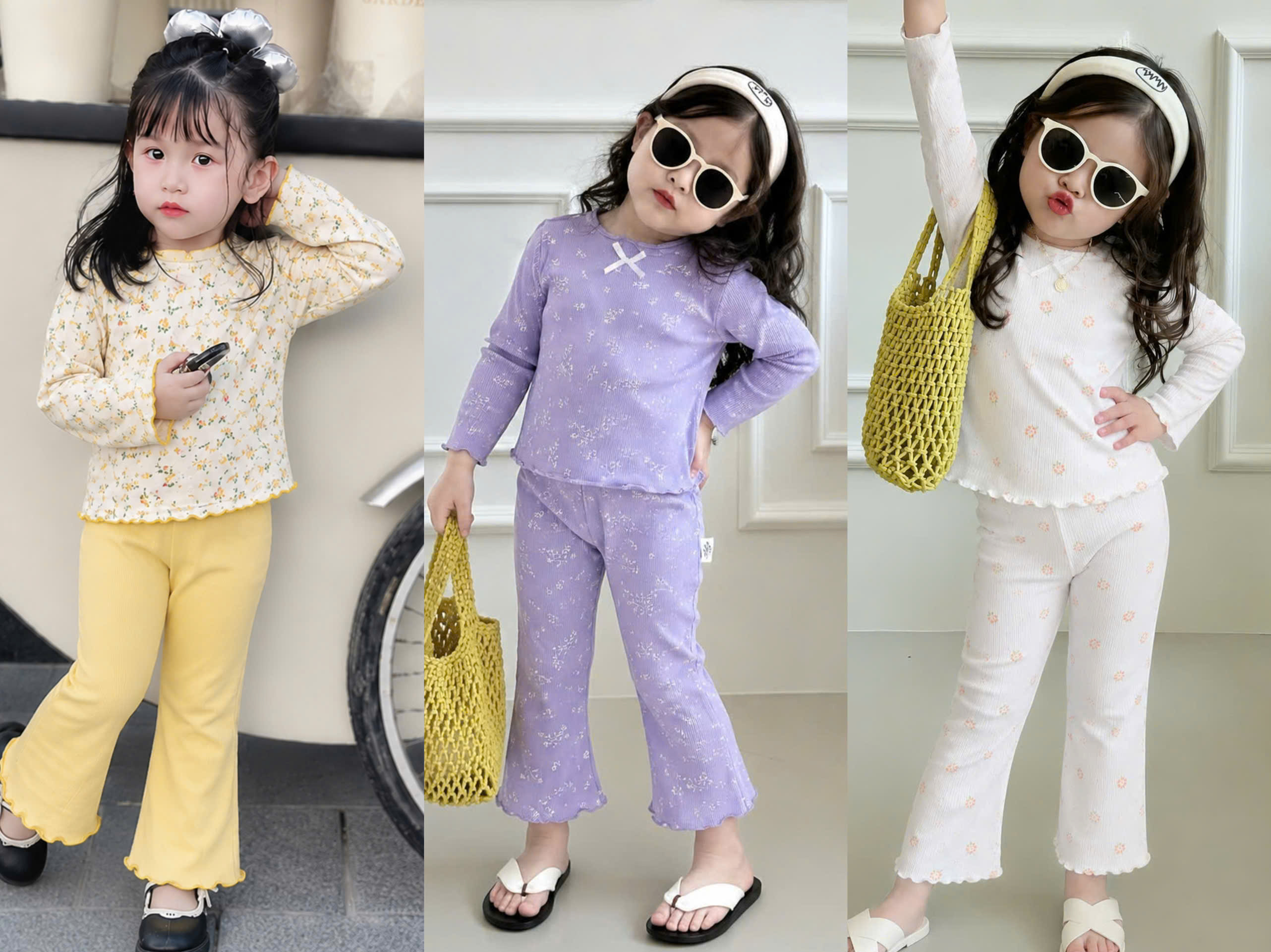 B571 - SET 3 BỘ TĂM HOA NHÍ TÍM VÀNG KEM