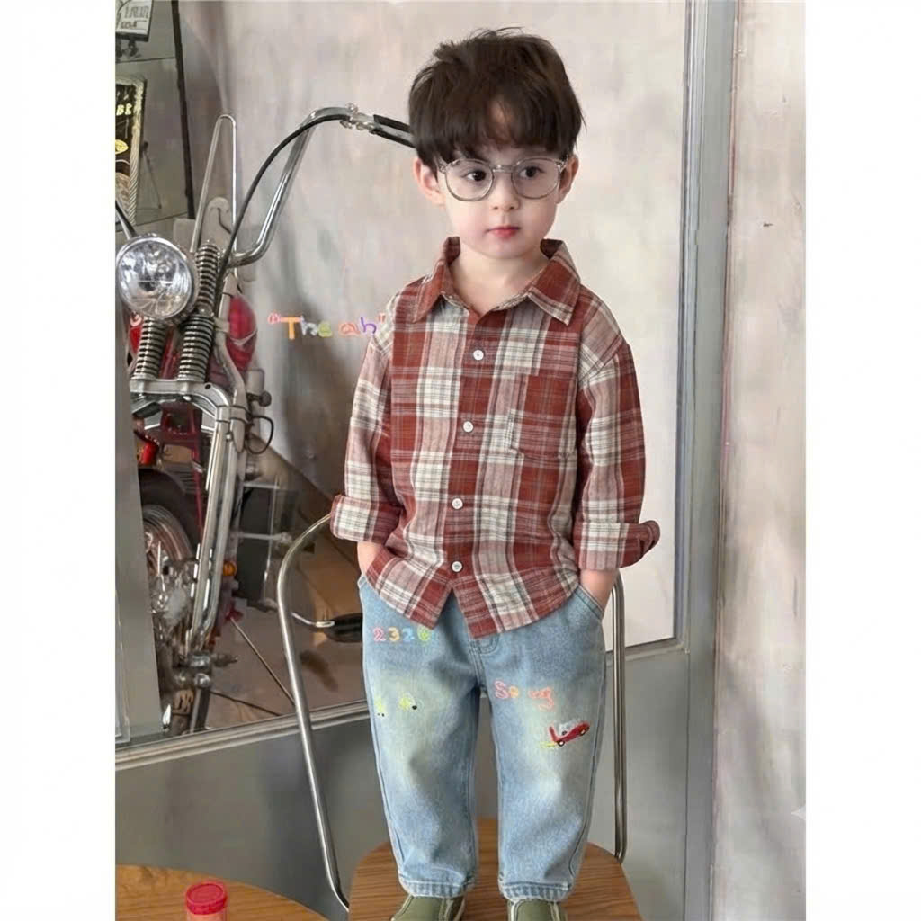 B572 - SET ÁO SƠ MI KẺ ĐỎ QUẦN JEAN