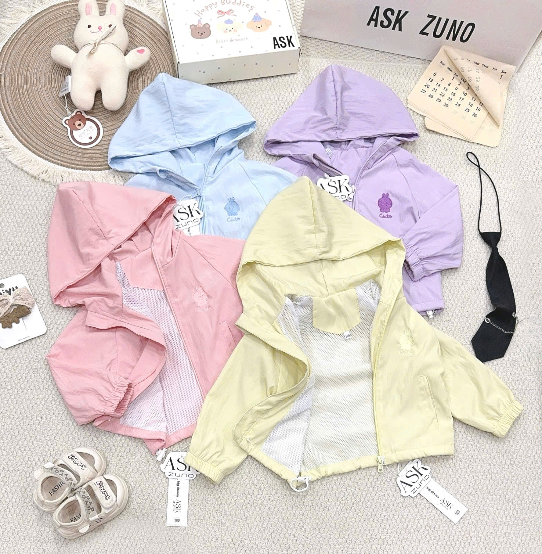 B601 - ÁO KHOÁC GIÓ LIỀN MŨ THÊU CUTE 5 MÀU