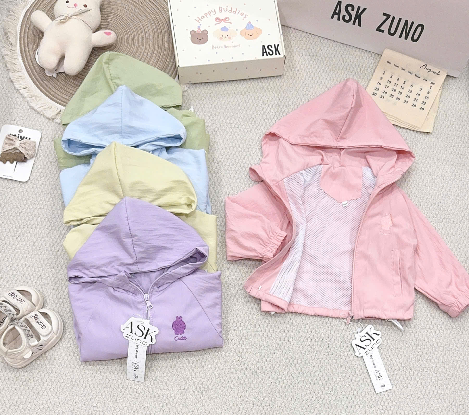 B601 - ÁO KHOÁC GIÓ LIỀN MŨ THÊU CUTE 5 MÀU
