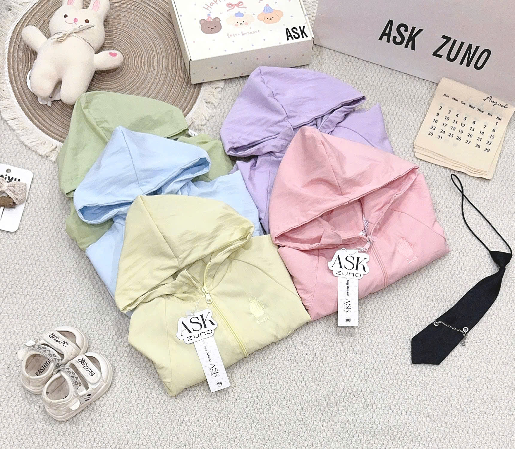B601 - ÁO KHOÁC GIÓ LIỀN MŨ THÊU CUTE 5 MÀU