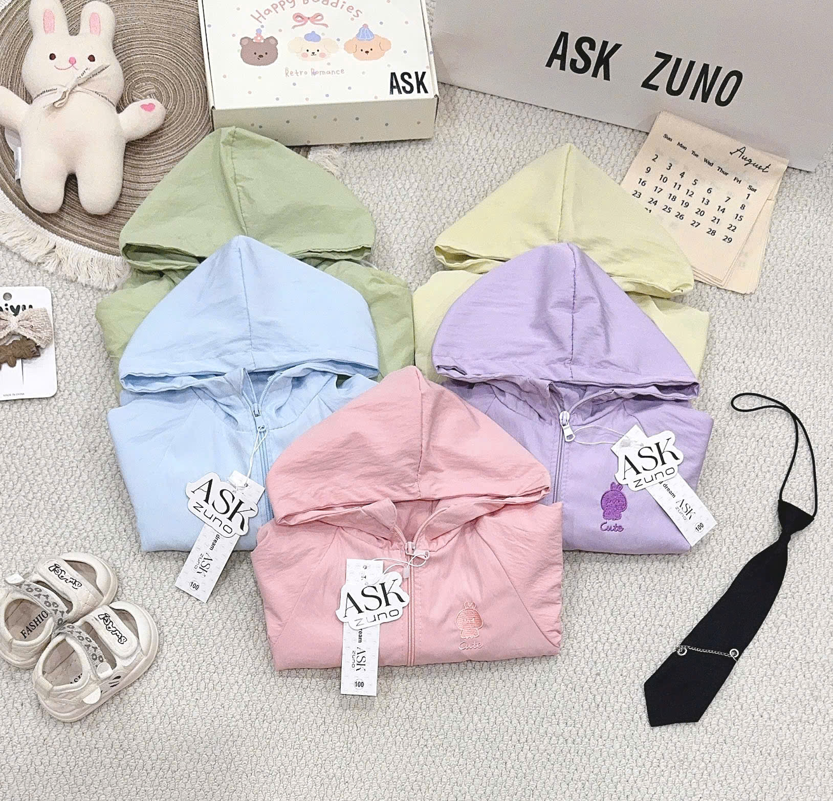 B601 - ÁO KHOÁC GIÓ LIỀN MŨ THÊU CUTE 5 MÀU