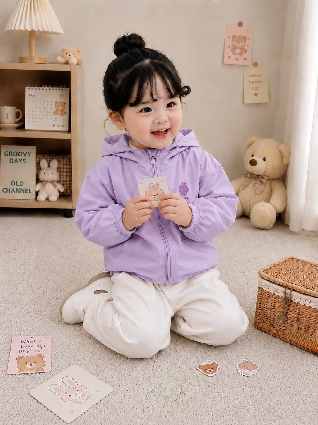 B601 - ÁO KHOÁC GIÓ LIỀN MŨ THÊU CUTE 5 MÀU