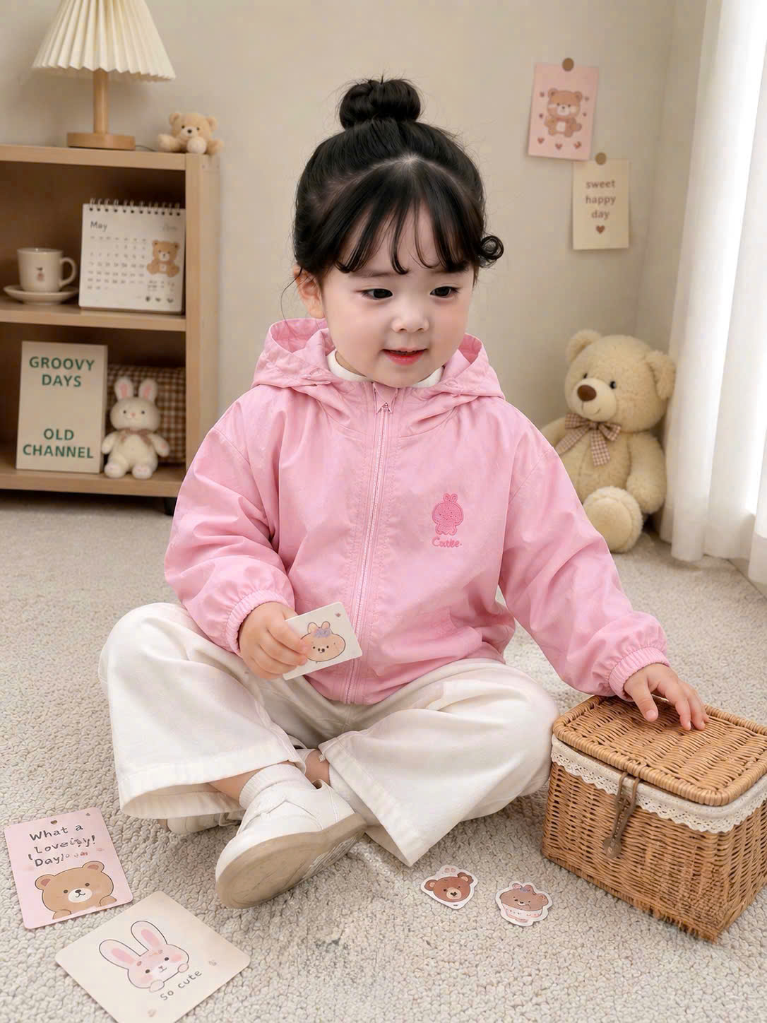 B601 - ÁO KHOÁC GIÓ LIỀN MŨ THÊU CUTE 5 MÀU