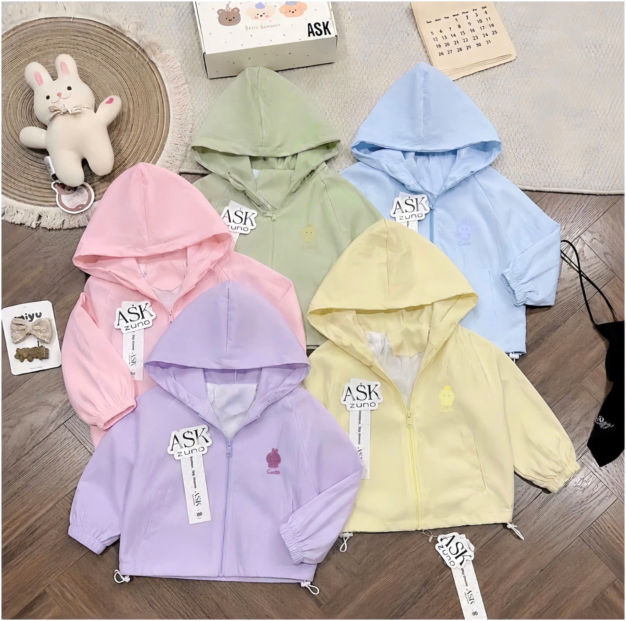 B601 - ÁO KHOÁC GIÓ LIỀN MŨ THÊU CUTE 5 MÀU