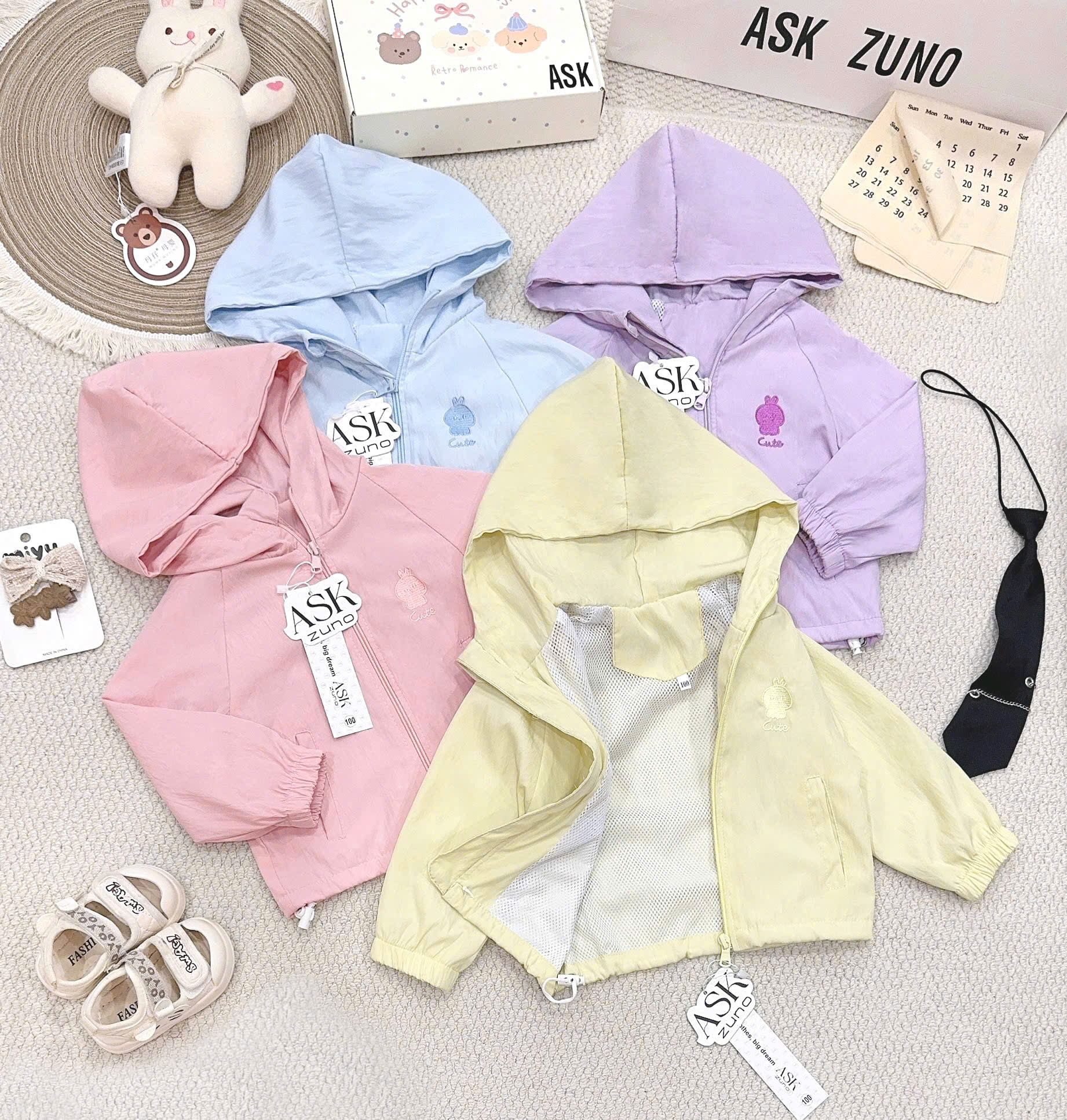 B601 - ÁO KHOÁC GIÓ LIỀN MŨ THÊU CUTE 5 MÀU