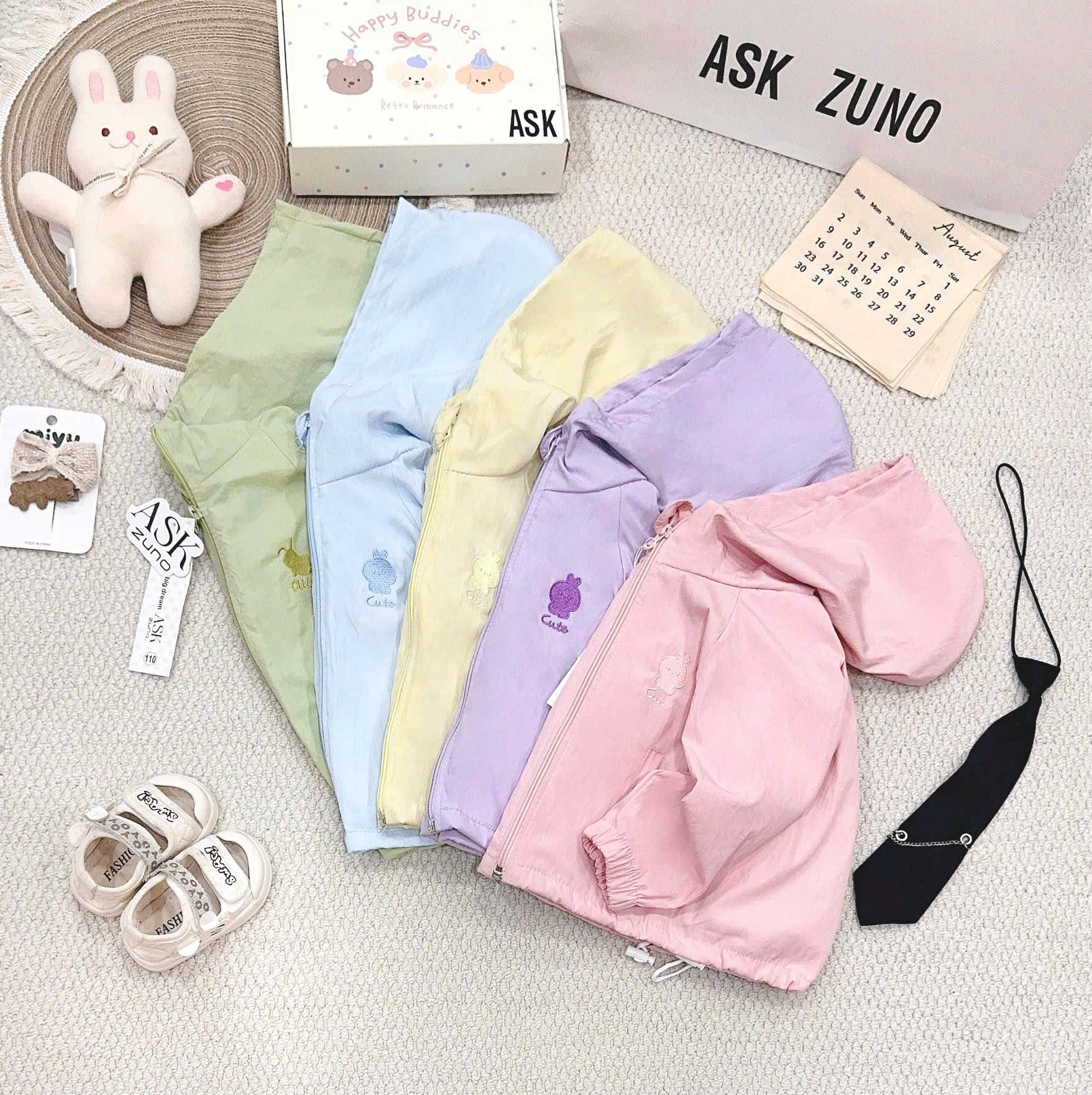 B601 - ÁO KHOÁC GIÓ LIỀN MŨ THÊU CUTE 5 MÀU