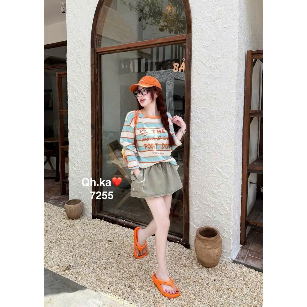 B604 - ÁO NỮ DÀI TAY SỌC NGANG XANH HỒNG