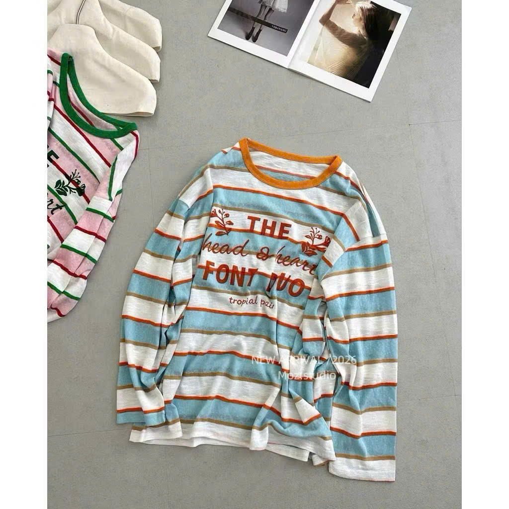 B604 - ÁO NỮ DÀI TAY SỌC NGANG XANH HỒNG