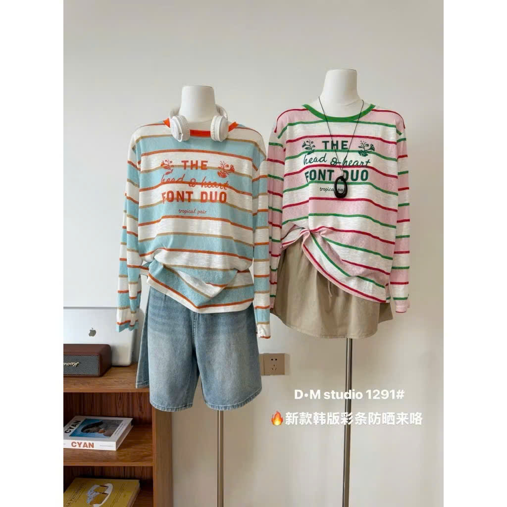 B604 - ÁO NỮ DÀI TAY SỌC NGANG XANH HỒNG