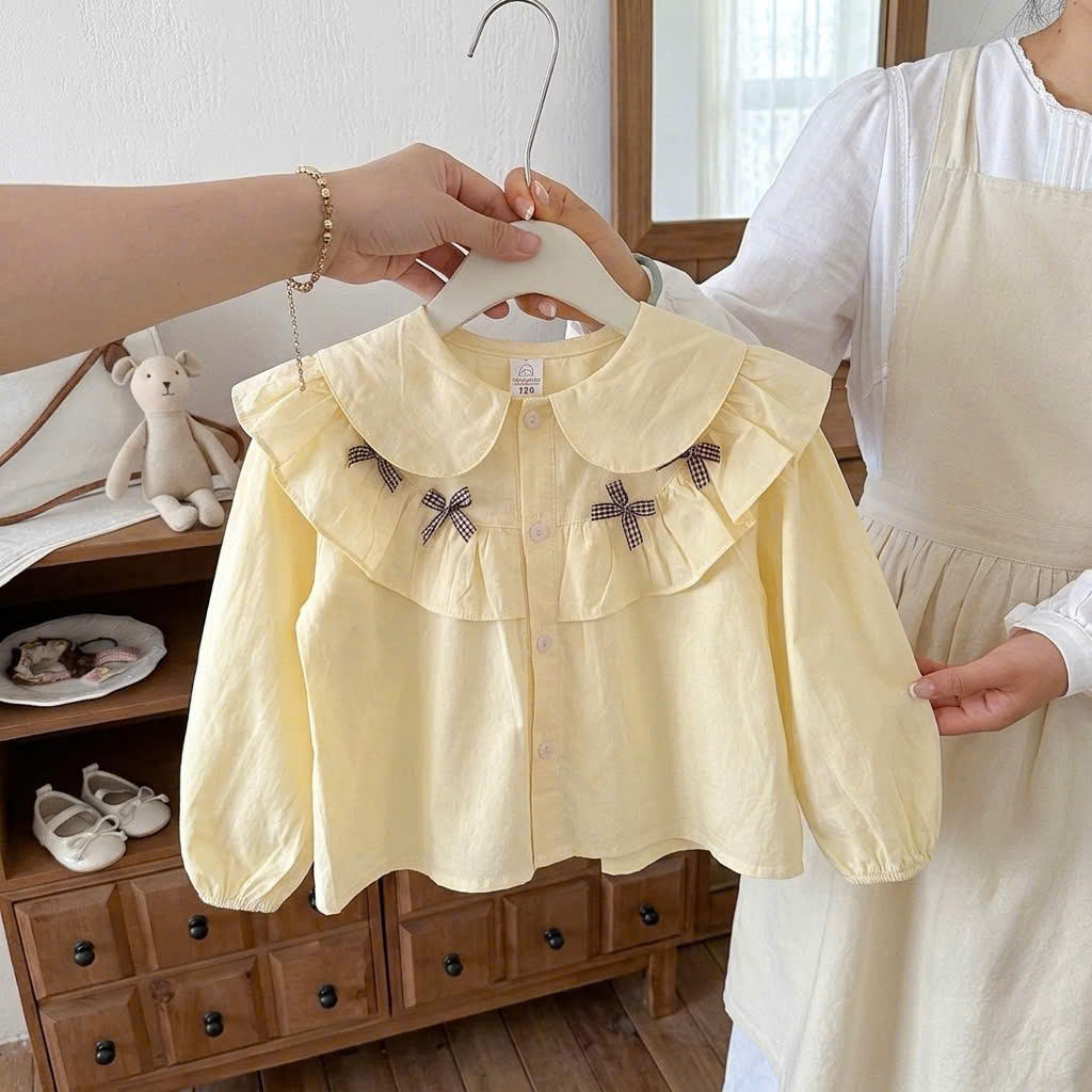 B606 - ÁO SƠ MI CỔ SEN PHỐI BÈO TẦNG CÙNG NƠ