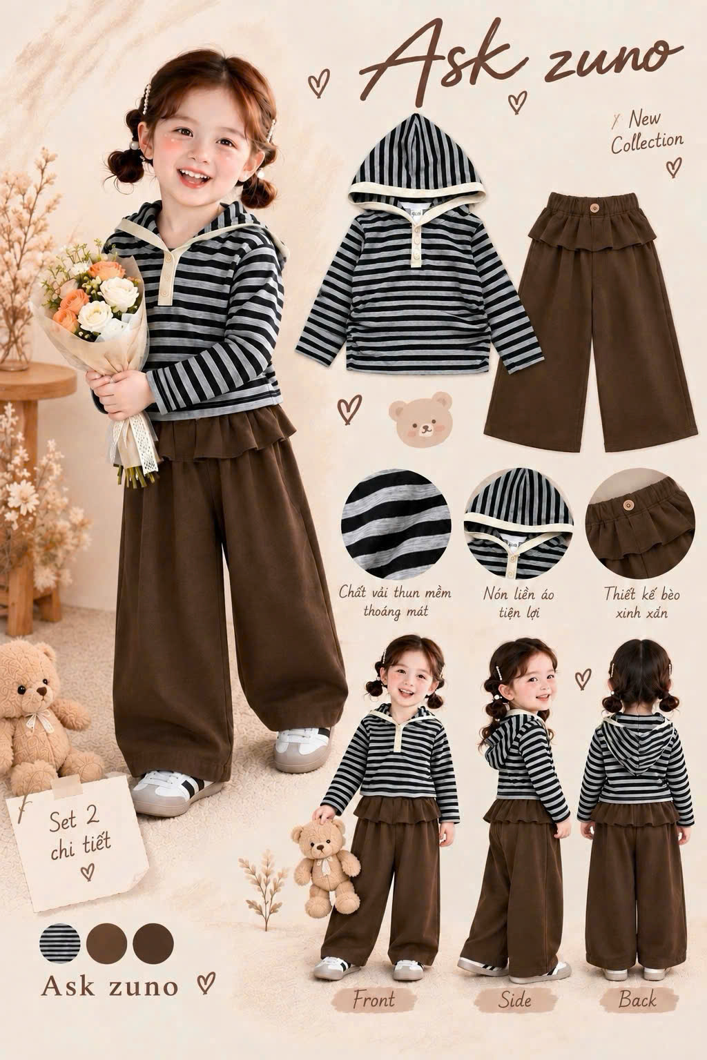 B790 - SET BÉ GÁI KẺ SỌC PHỐI QUẦN NÂU