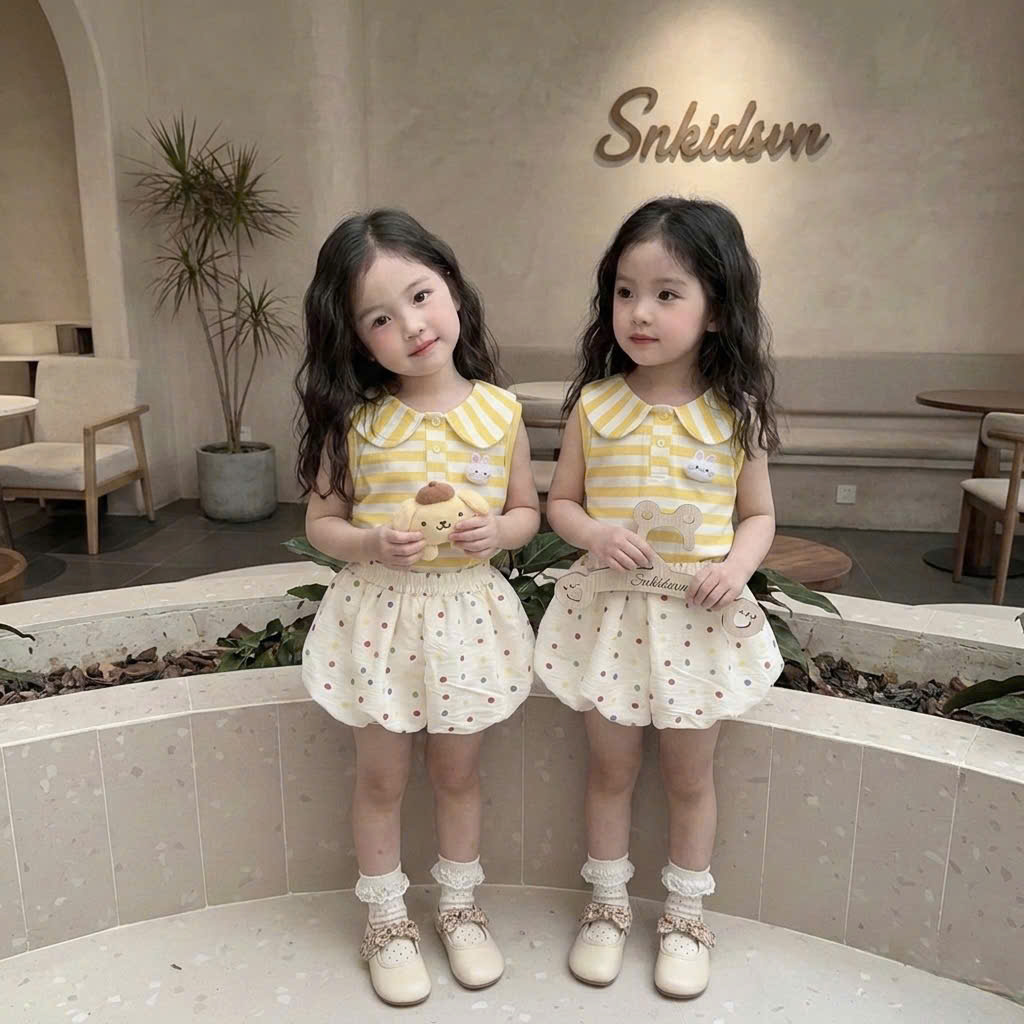XẢ B823 - SET HỒNG VÀNG KẺ KÈM QUẦN BÍ CHẤM BI
