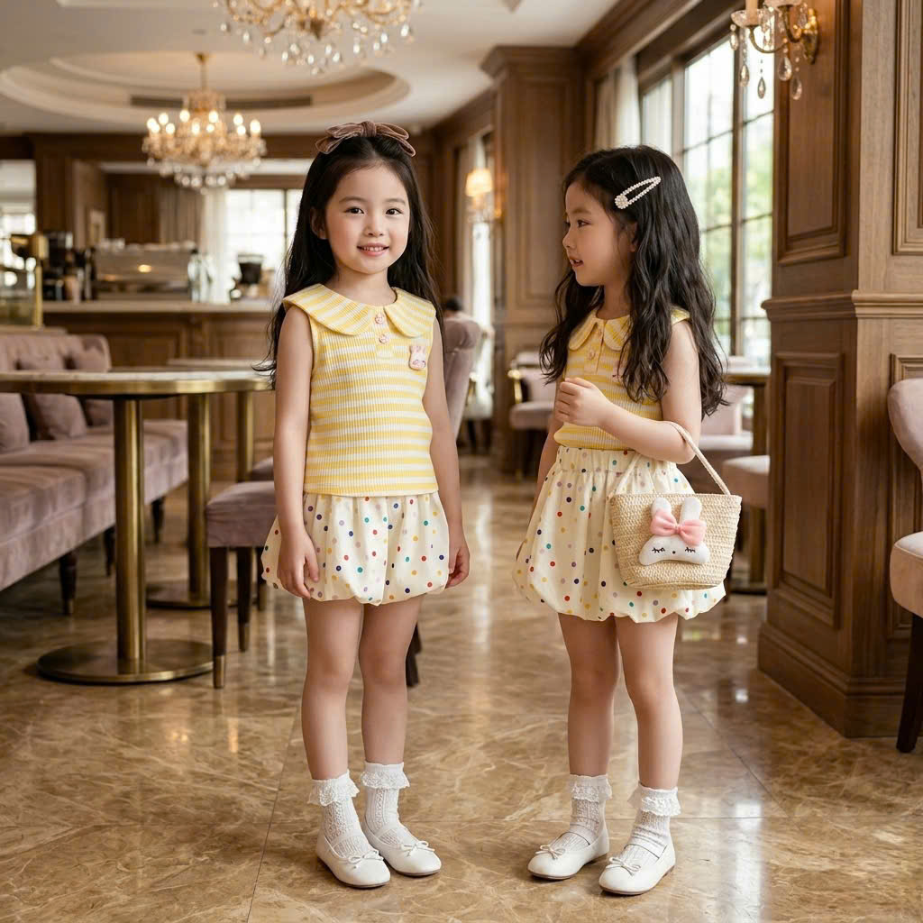 XẢ B823 - SET HỒNG VÀNG KẺ KÈM QUẦN BÍ CHẤM BI