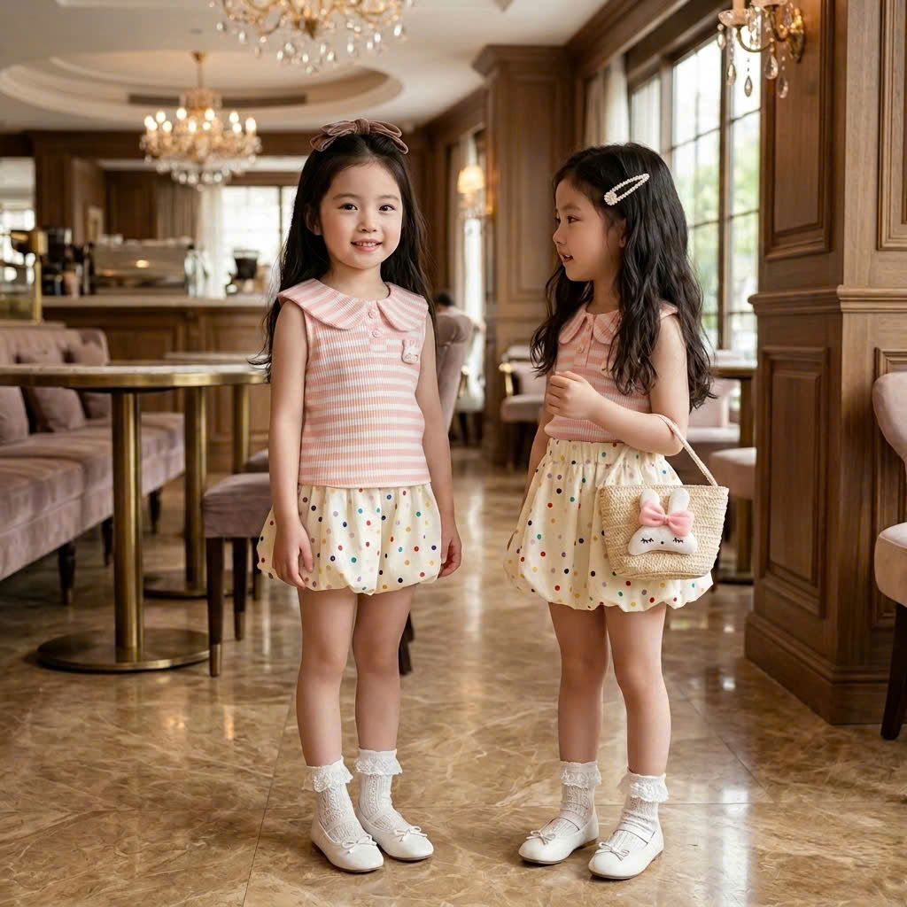 XẢ B823 - SET HỒNG VÀNG KẺ KÈM QUẦN BÍ CHẤM BI