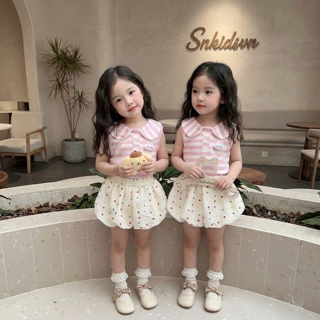 XẢ B823 - SET HỒNG VÀNG KẺ KÈM QUẦN BÍ CHẤM BI