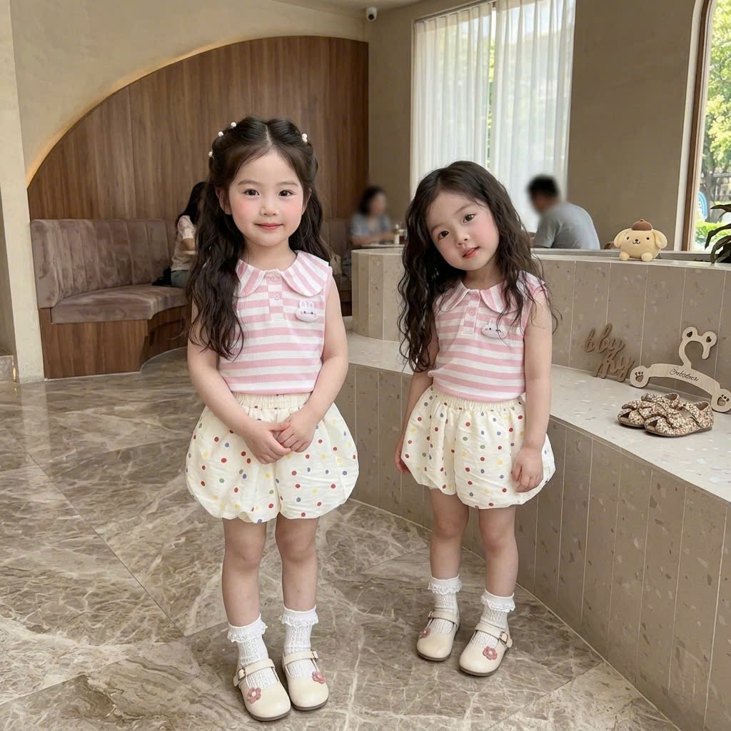 XẢ B823 - SET HỒNG VÀNG KẺ KÈM QUẦN BÍ CHẤM BI