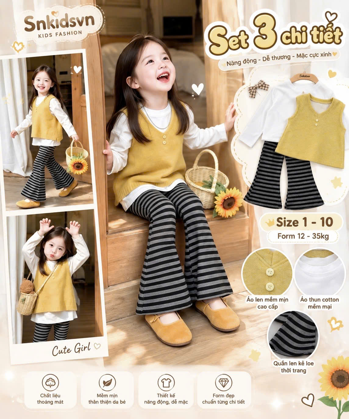 C299 - SET 3CT GILE VÀNG QUẦN LOE KẺ
