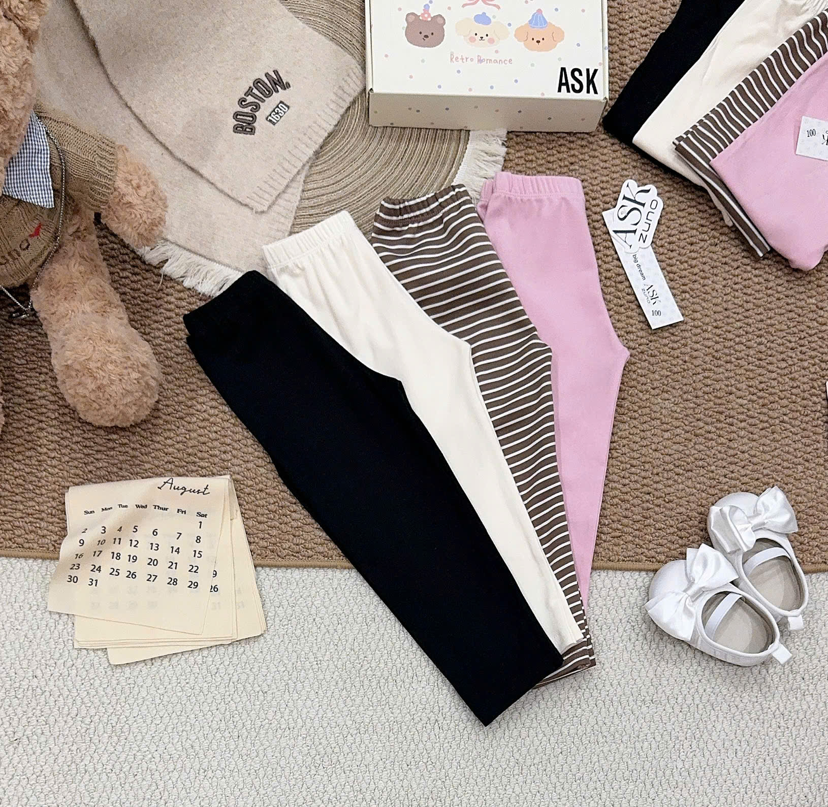 C373 - SET 4 QUẦN LEGGING HỒNG KẺ ĐEN BE