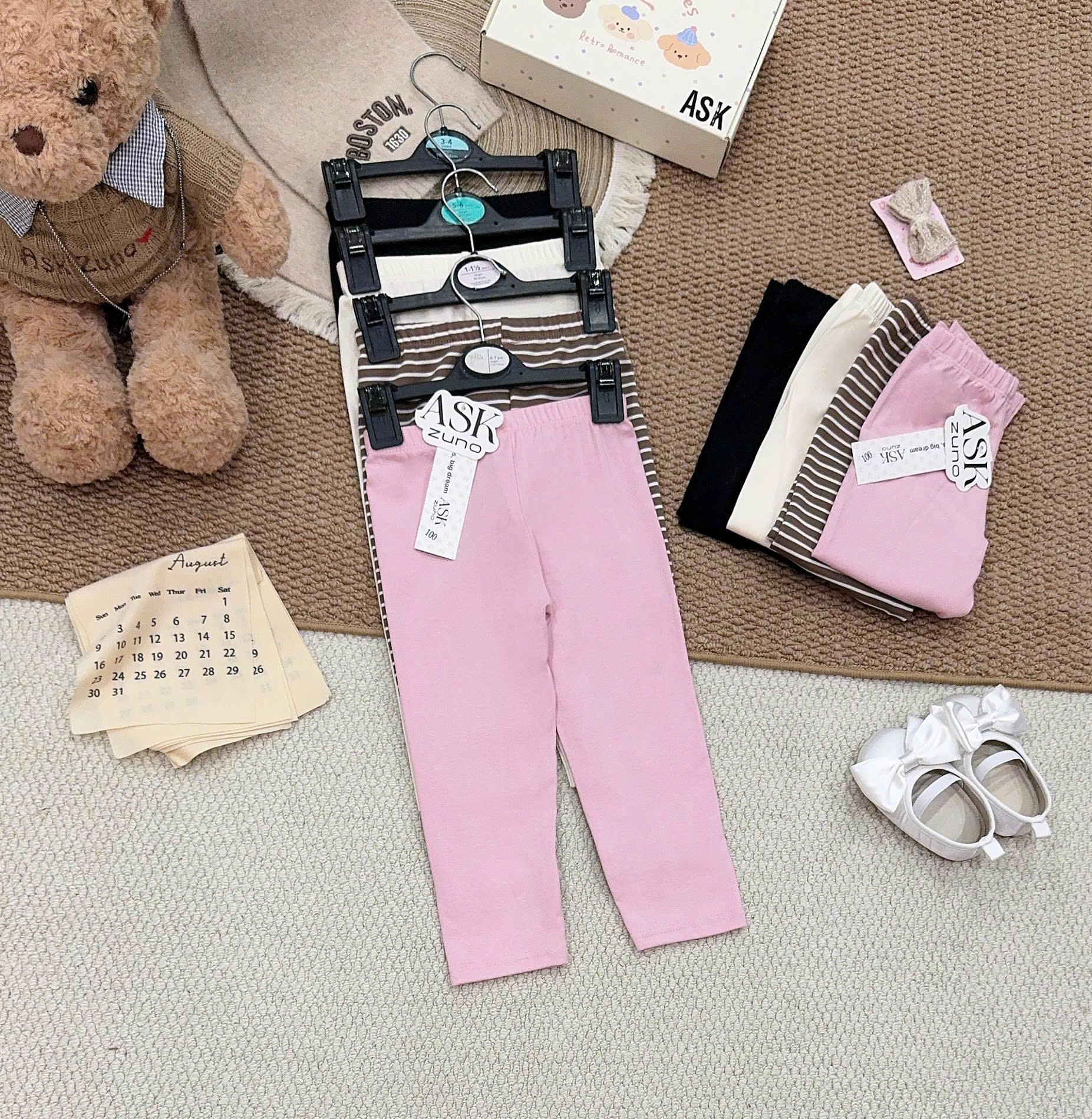 C373 - SET 4 QUẦN LEGGING HỒNG KẺ ĐEN BE