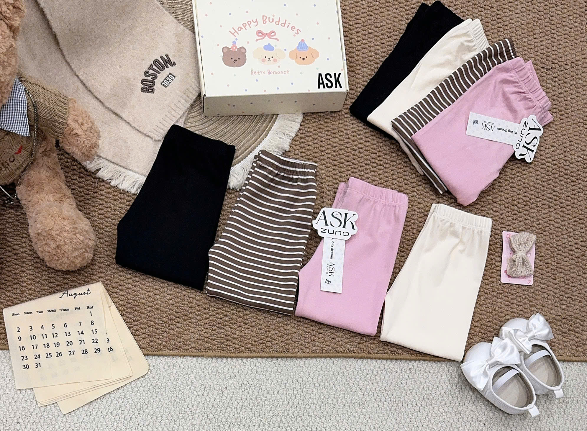C373 - SET 4 QUẦN LEGGING HỒNG KẺ ĐEN BE