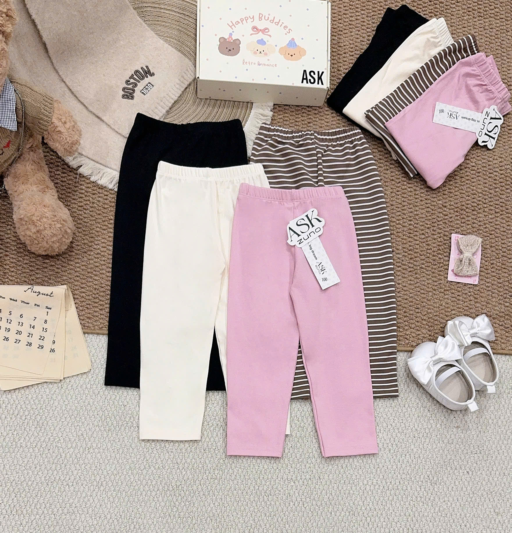 C373 - SET 4 QUẦN LEGGING HỒNG KẺ ĐEN BE
