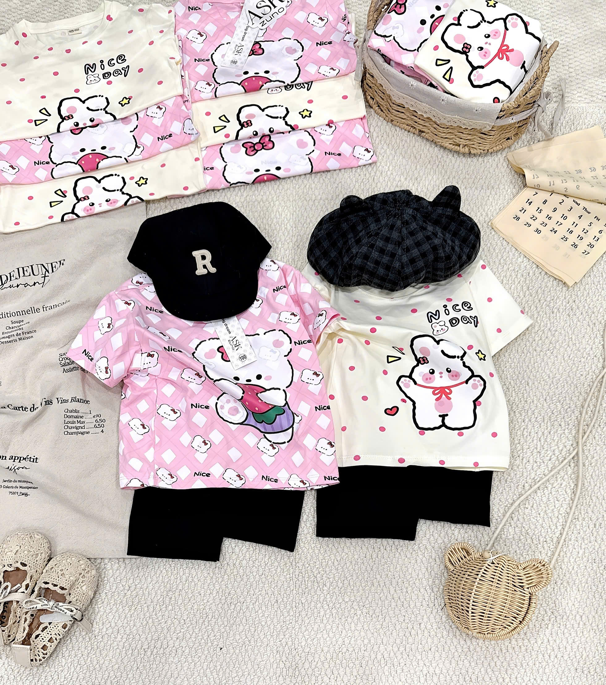 XẢ A446 - SET 2 BỘ GẤU THỎ NICE DAY LEGGING ĐEN