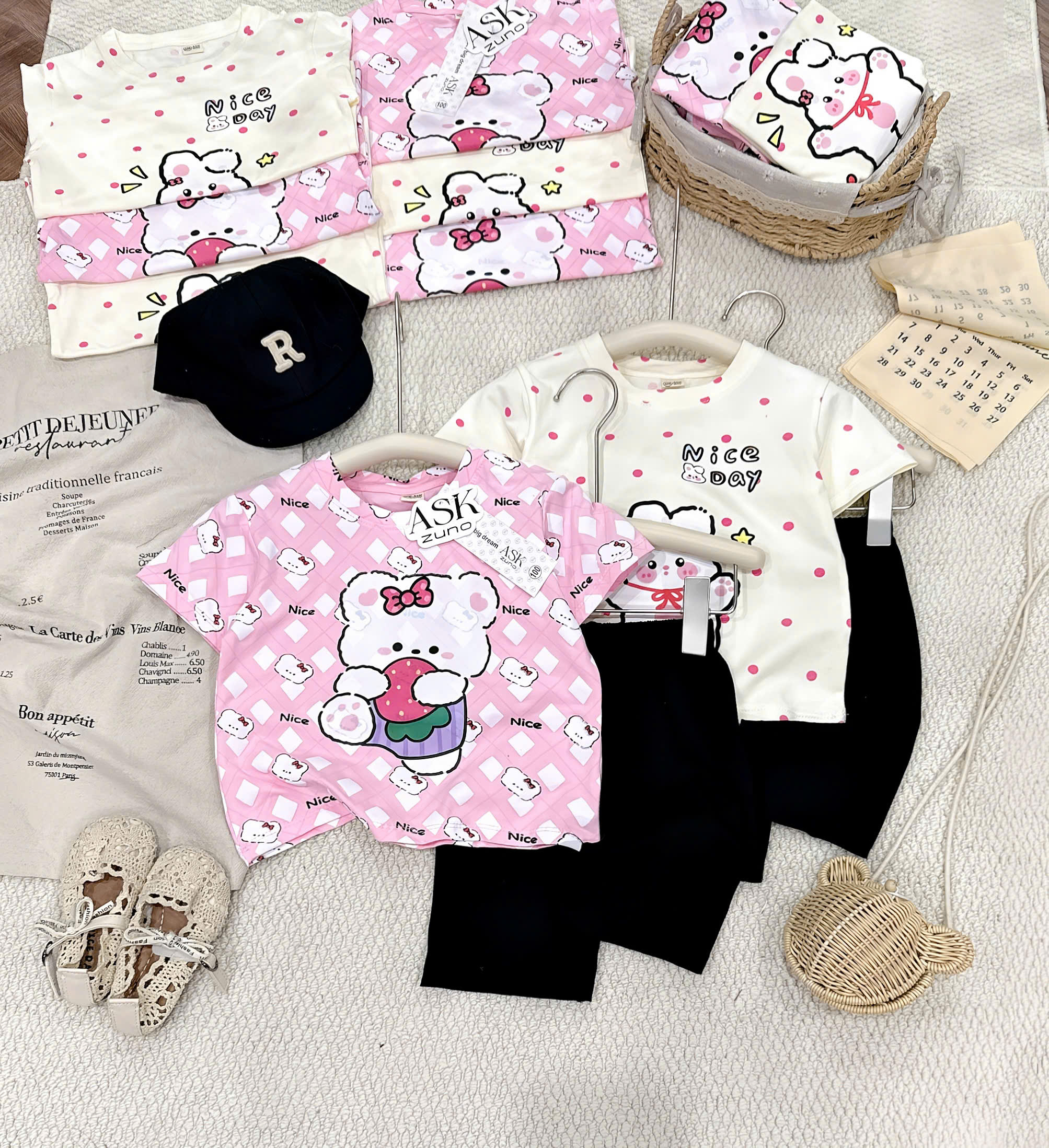 XẢ A446 - SET 2 BỘ GẤU THỎ NICE DAY LEGGING ĐEN