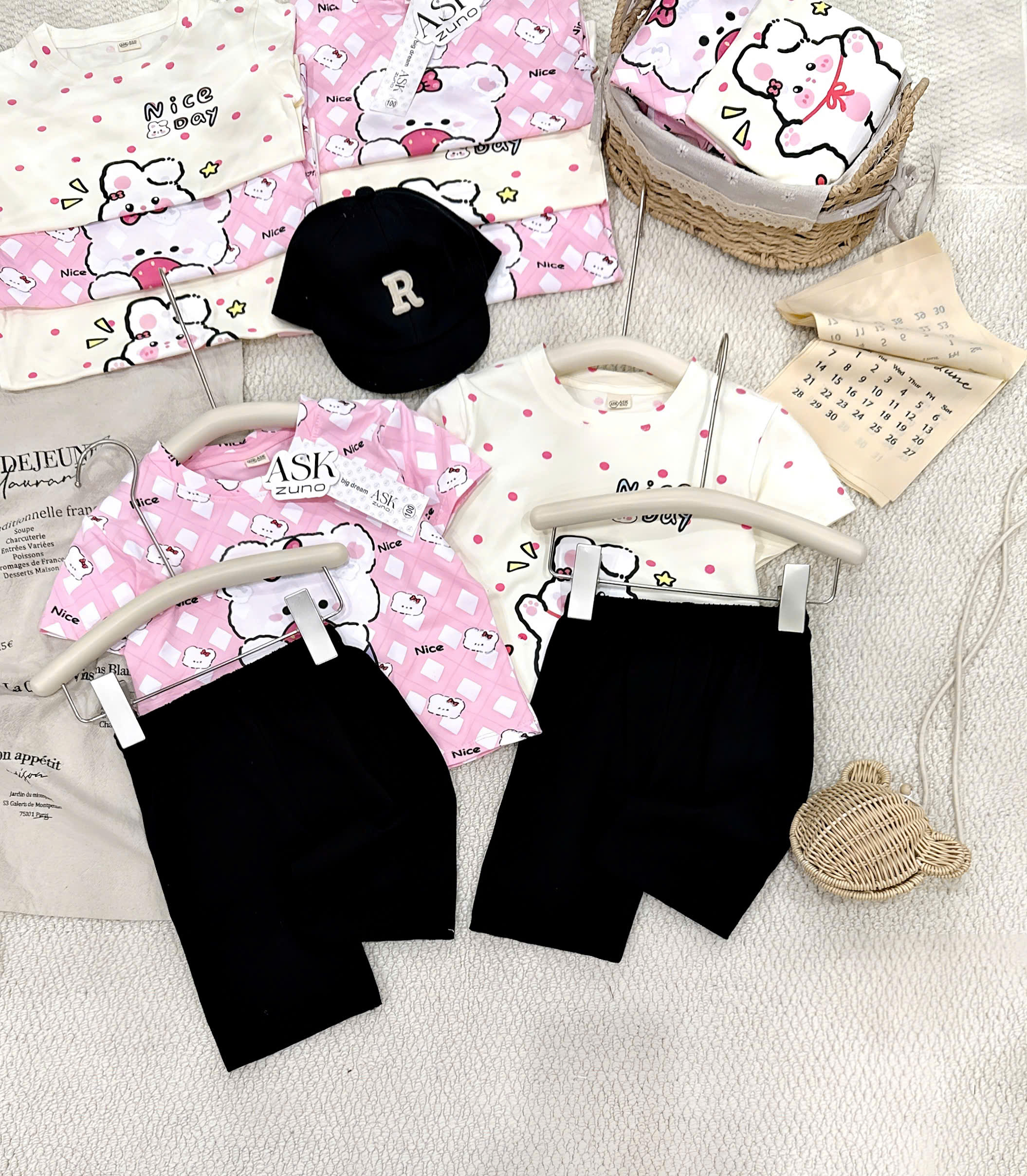 XẢ A446 - SET 2 BỘ GẤU THỎ NICE DAY LEGGING ĐEN