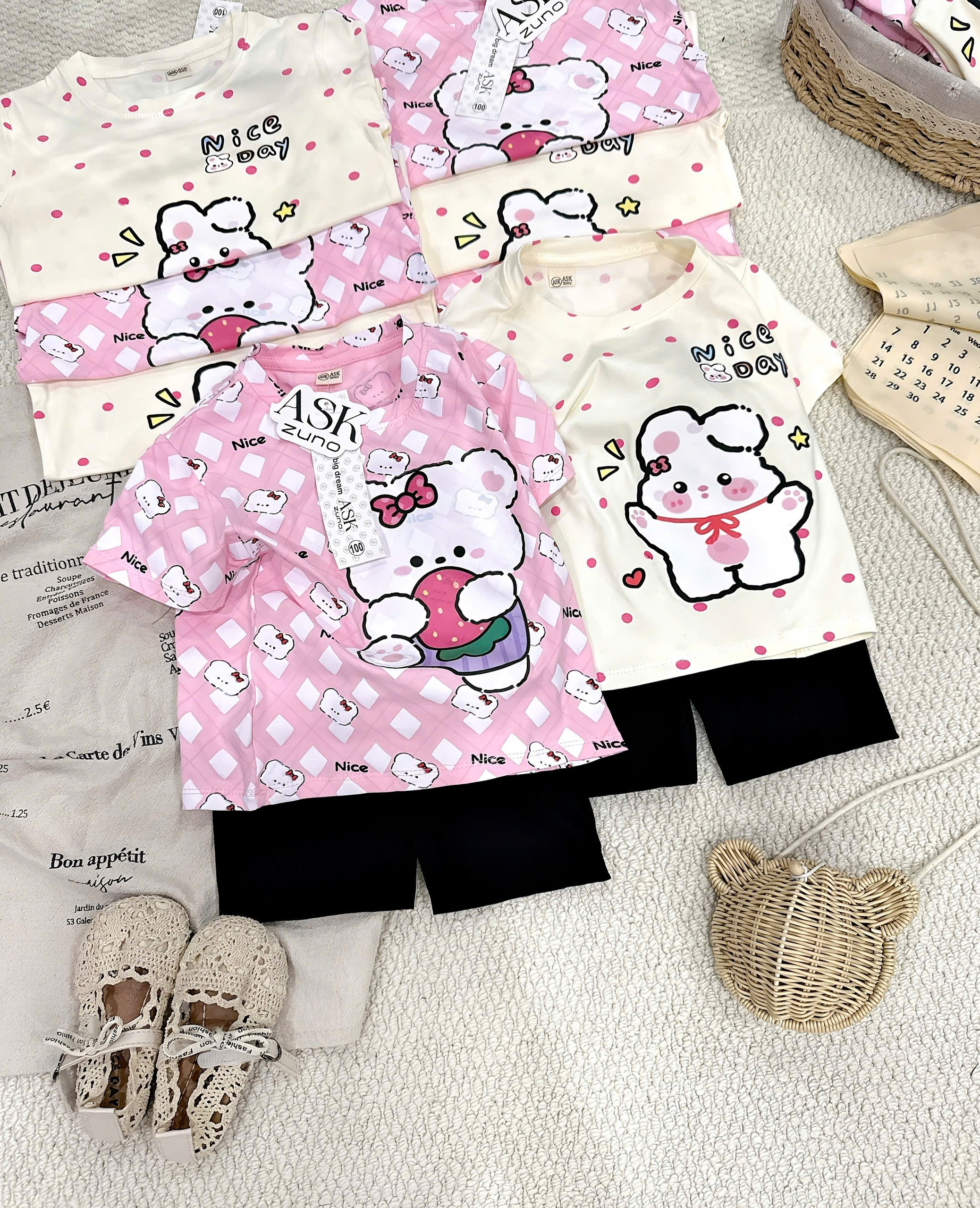 XẢ A446 - SET 2 BỘ GẤU THỎ NICE DAY LEGGING ĐEN