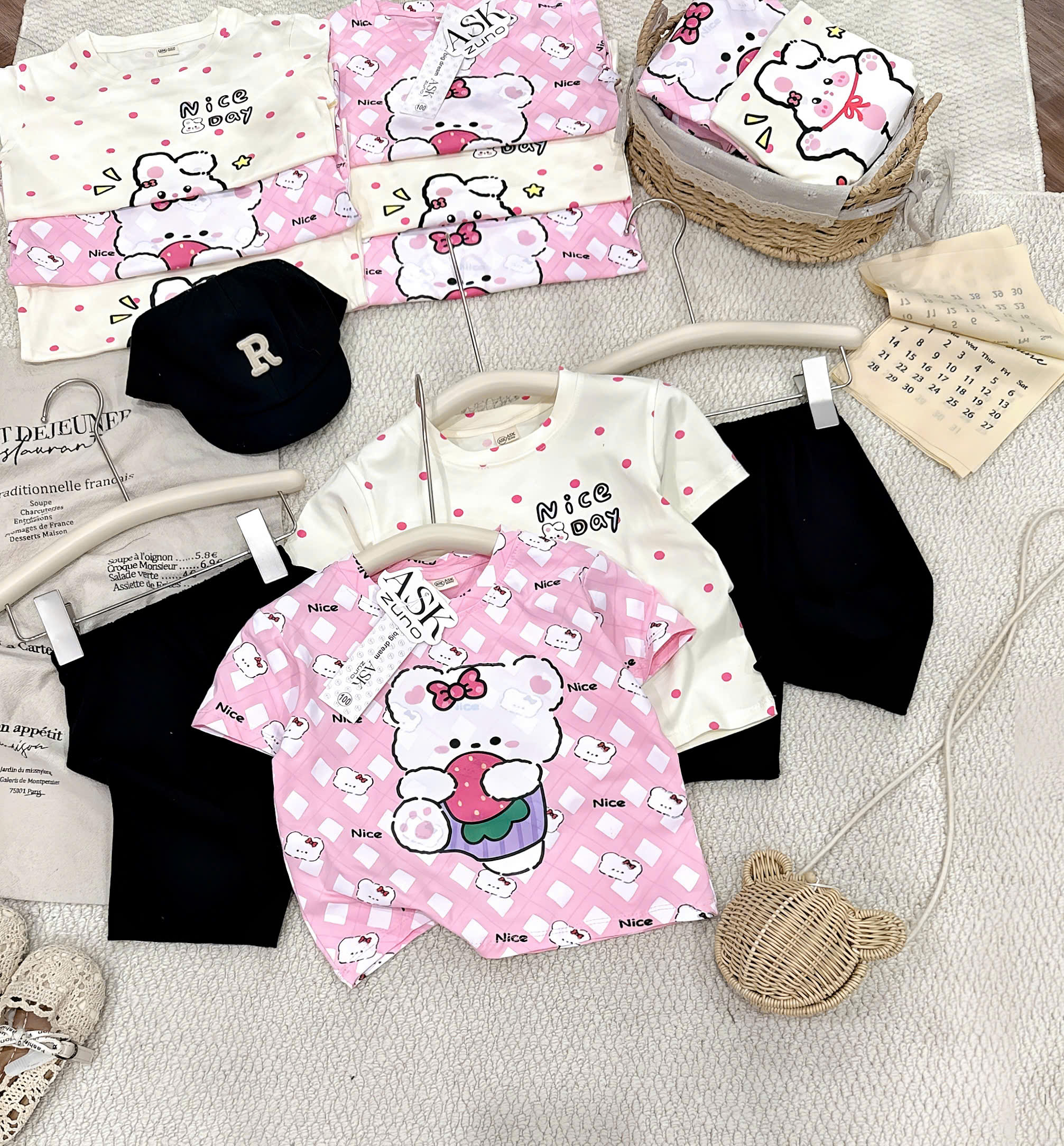 XẢ A446 - SET 2 BỘ GẤU THỎ NICE DAY LEGGING ĐEN