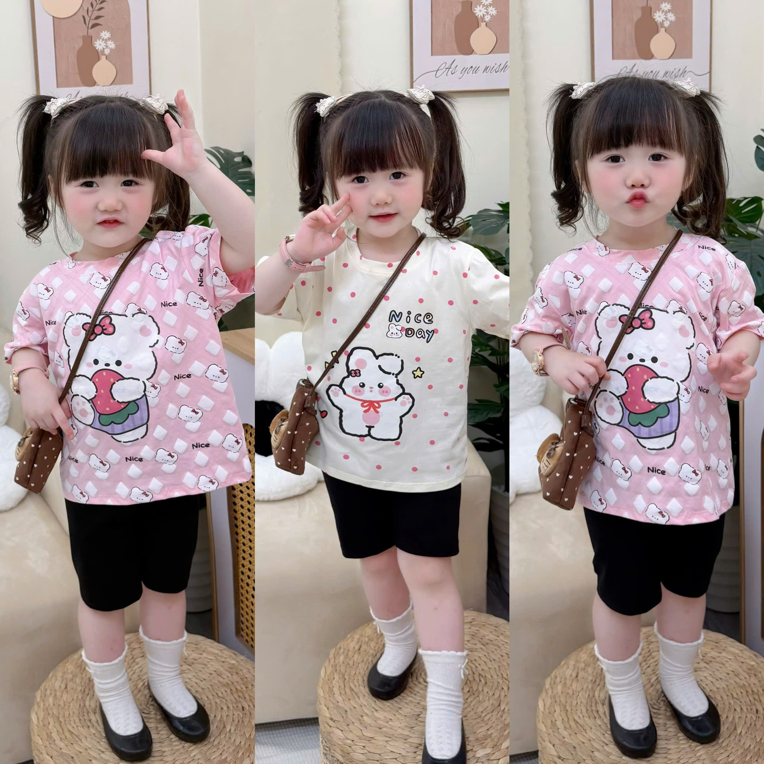XẢ A446 - SET 2 BỘ GẤU THỎ NICE DAY LEGGING ĐEN
