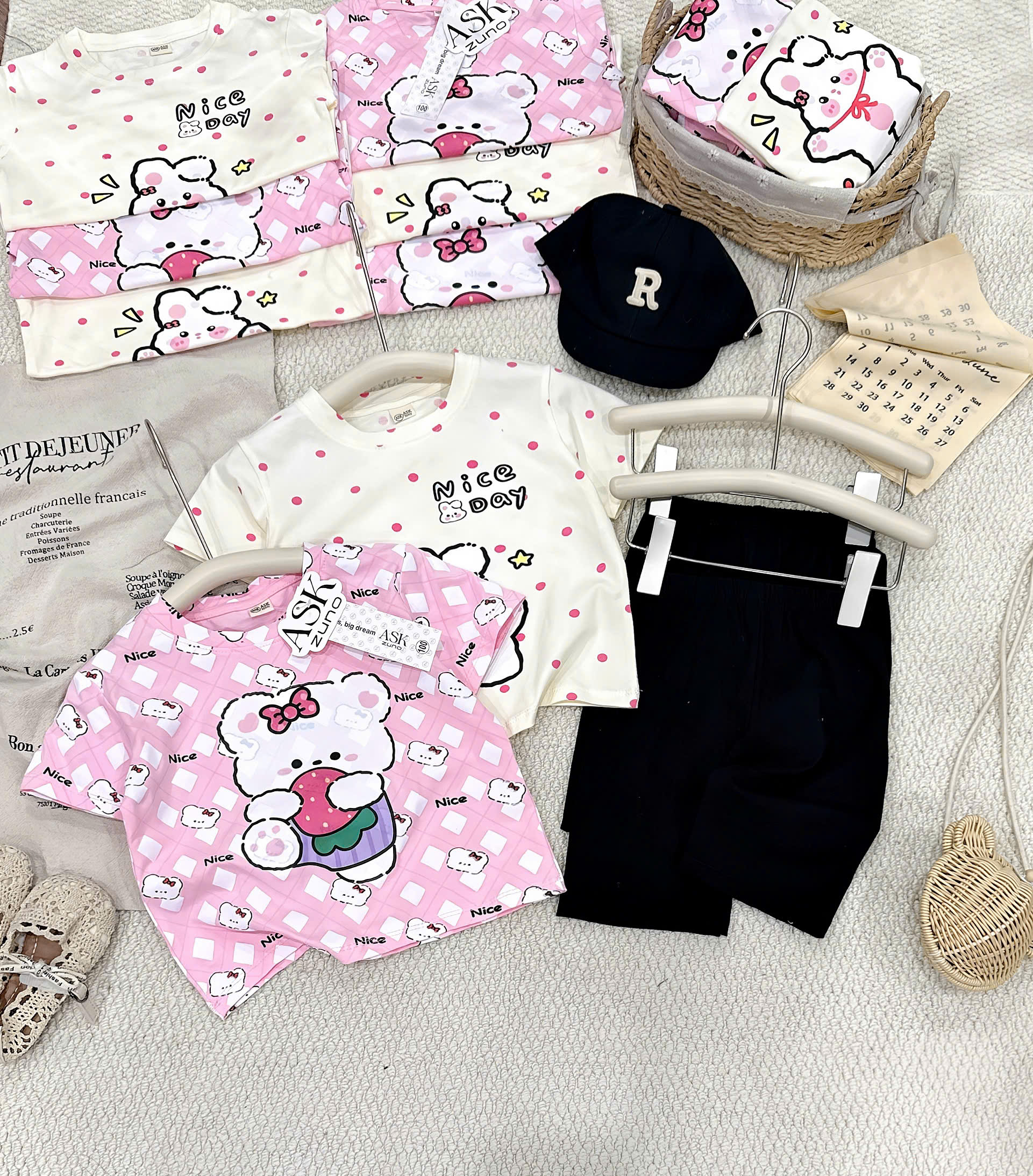 XẢ A446 - SET 2 BỘ GẤU THỎ NICE DAY LEGGING ĐEN