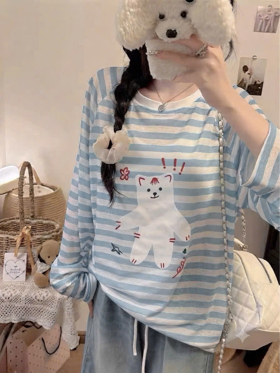 GOM A664 - ÁO THUN GIẤY NỮ DÀI TAY KẺ NGANG